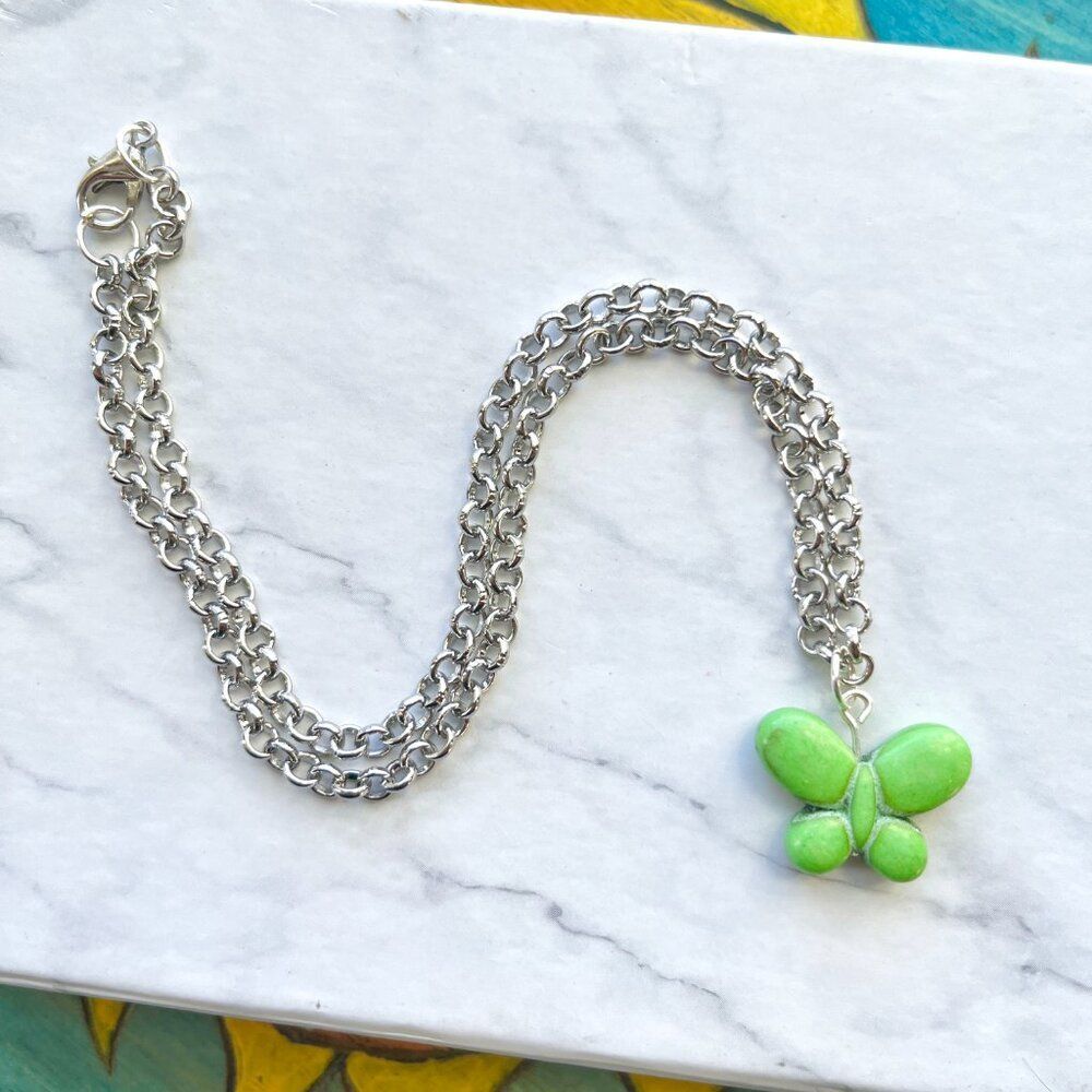 Green Butterfly Charm Silver Chain Necklace